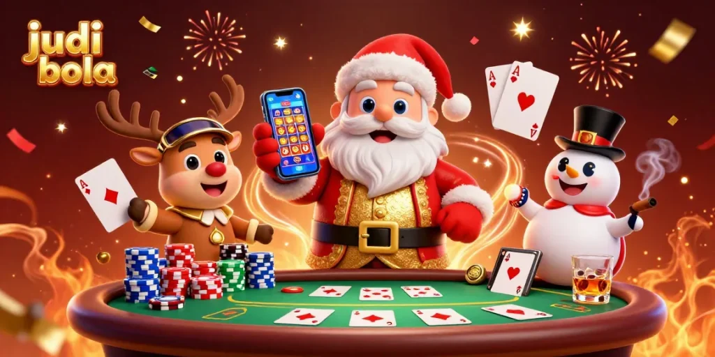 Engaging scene of judi bola themed characters celebrating with vibrant casino elements and festive confetti.