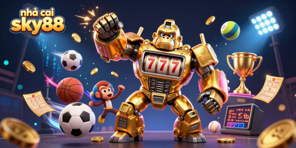 Engage with nhà cái sky88 while enjoying dynamic sports betting action amid lively 3D illustrations.