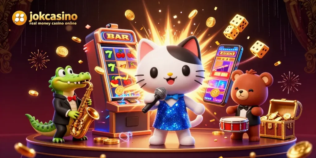 Feel the excitement at jokacasino real money casino online with a lively 3D cartoon show illustrating vibrant characters and casino action.