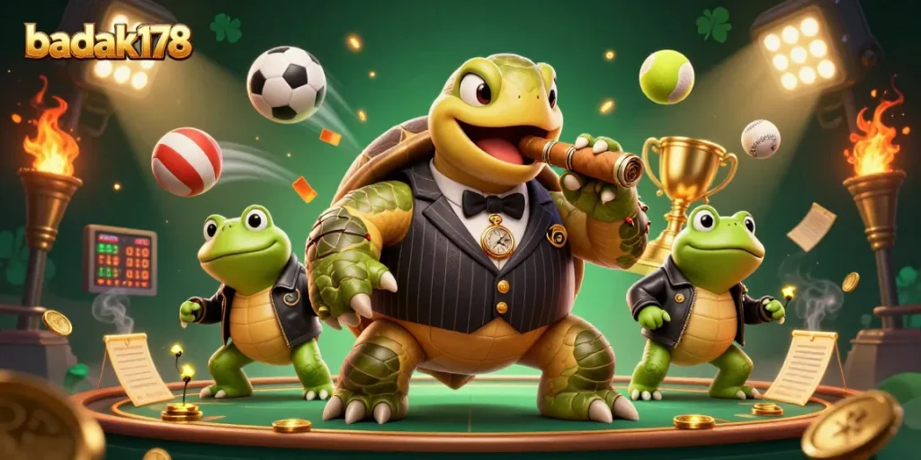 Experience the thrill of betting with badak178 as a massive snapping turtle in a mobster suit navigates a dynamic sports casino scene.