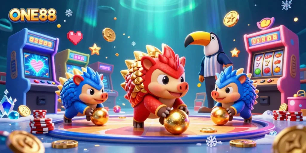 ONE88 pangolins in a casino scene, competing with poker chips and vibrant gaming elements.