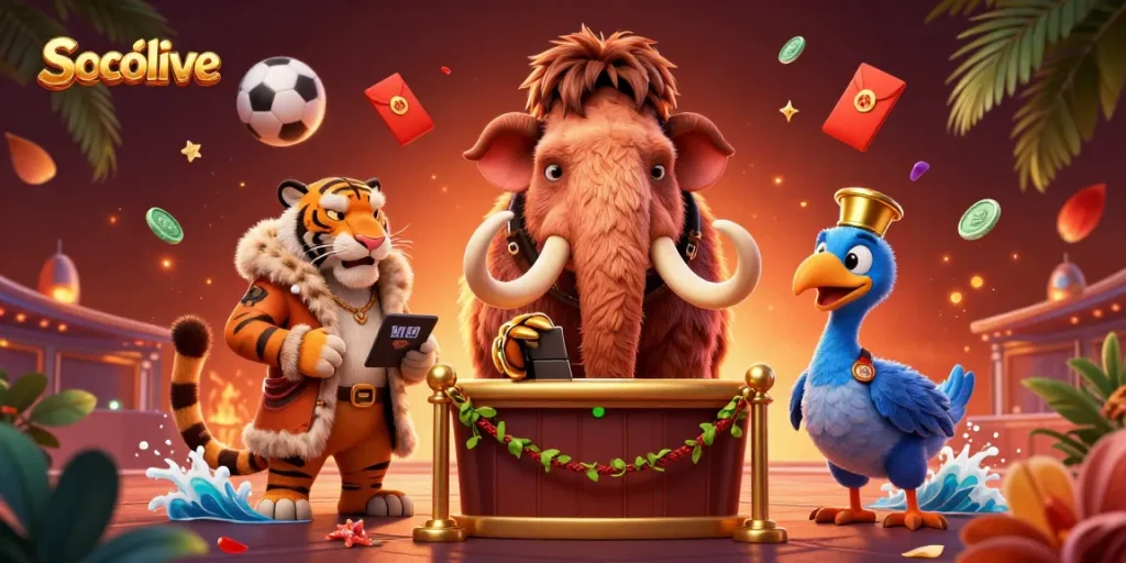 Socolive offers a dynamic 3D illustration depicting a bustling casino with vibrant characters and engaging elements.
