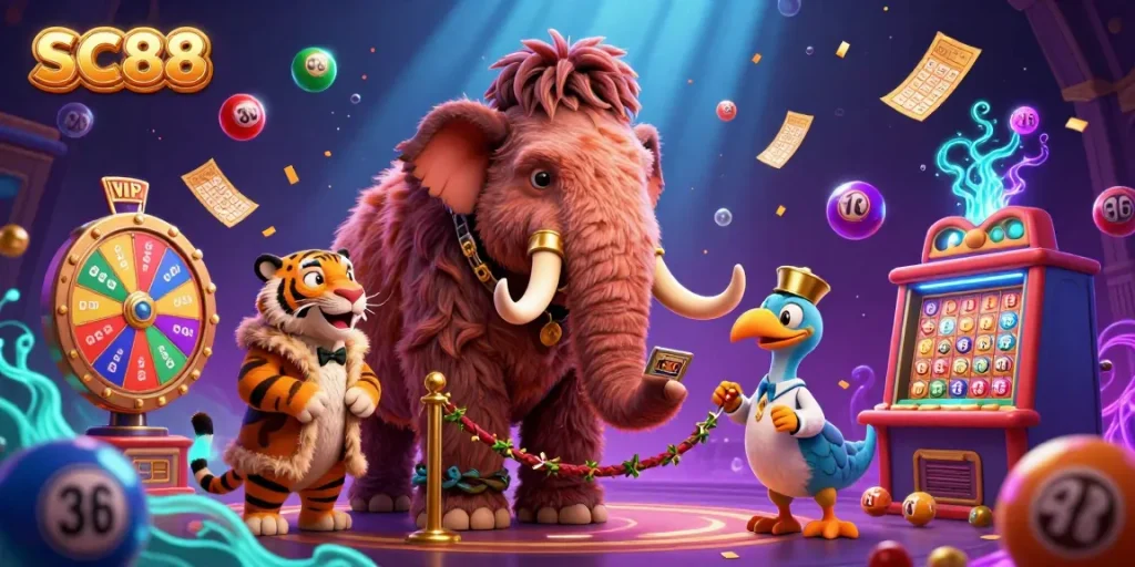 Experience the vibrant SC88 casino with a woolly mammoth bouncer, animated game elements, and enchanting atmosphere.