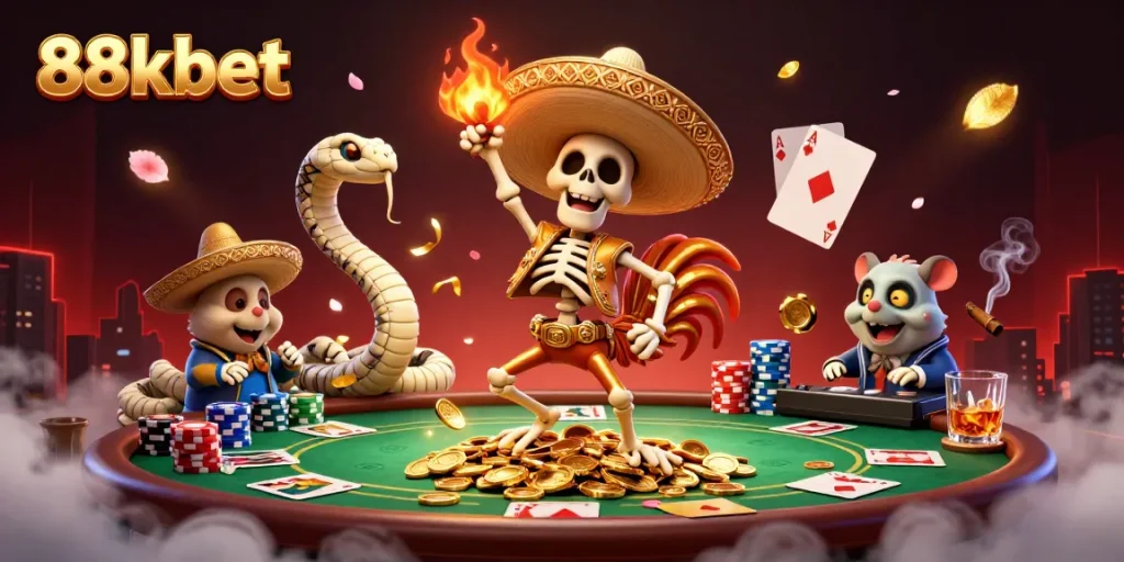 Celebrate wins at 88kbet with vibrant casino graphics featuring a lively mariachi rooster and dynamic gameplay elements.