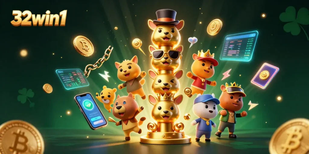 Engage with 32win1 at our vibrant casino scene featuring a golden totem and glowing crypto elements.