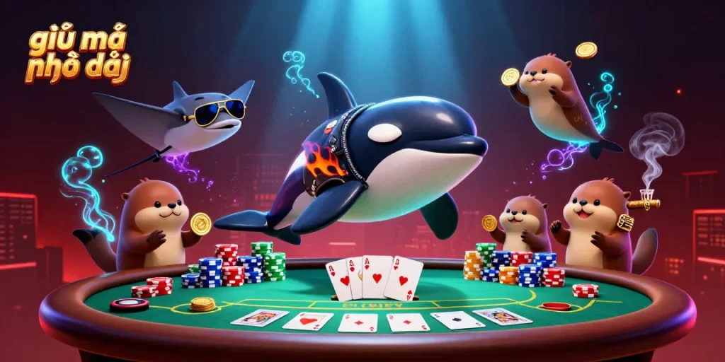 Experience the excitement of giải mã nhà cái with dynamic sea creatures and poker action, showcasing thrilling casino vibes.