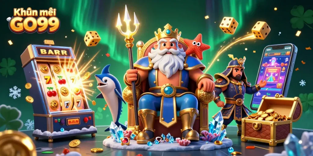 Experience exciting Khuyến mãi GO99 with vibrant casino elements in a magical underwater scene.