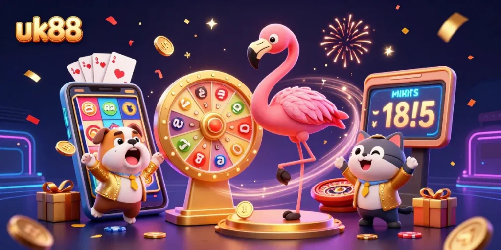 Engage in exciting gameplay at uk88 with vibrant 3D illustrations showcasing a cartoon game show host and buzzing prizes.