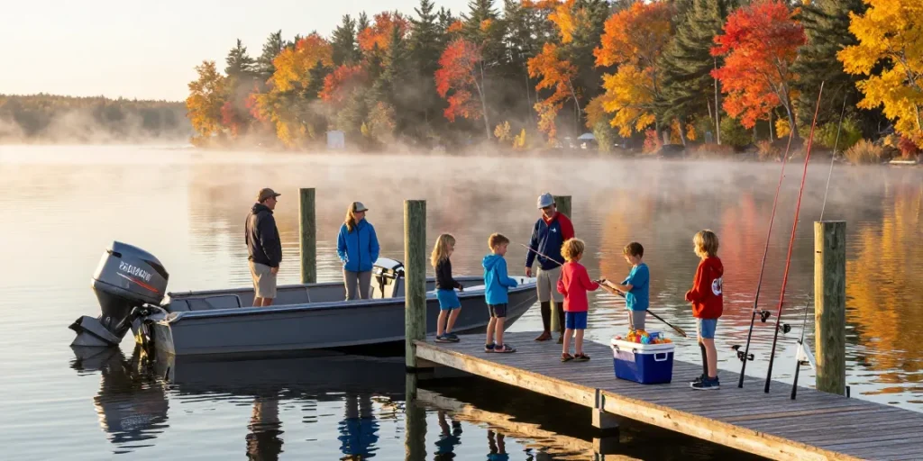 Yamaha outboard motorboat at Kawagama Lake marina with family enjoying fishing.