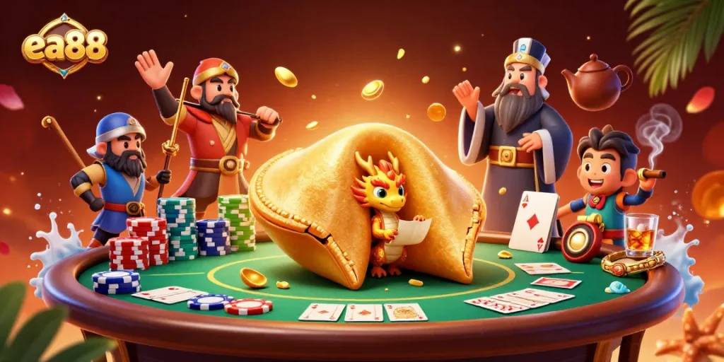 Play games and win at ea88, featuring a giant golden fortune cookie and poker elements.