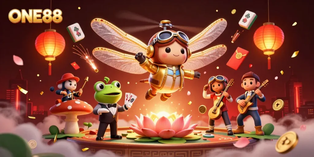 Engage in thrilling games at ONE88, where a dragonfly pilot greets you amidst a vibrant casino scene.