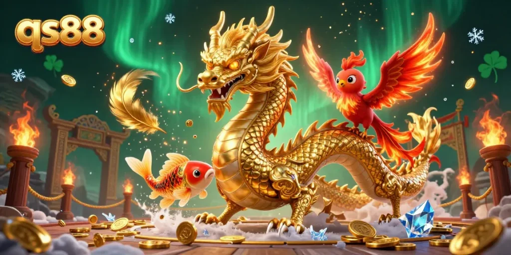 Engage with the thrilling world of qs88, featuring a powerful dragon with a phoenix and koi fish among vibrant gaming elements.