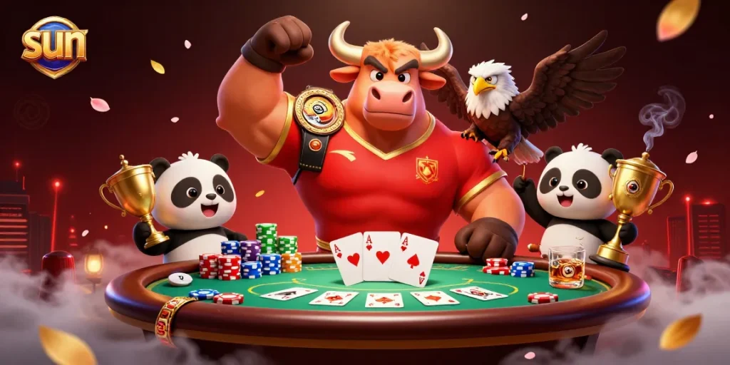 Sun-themed casino scene with a muscular bull, eagle, and panda enjoying poker excitement.