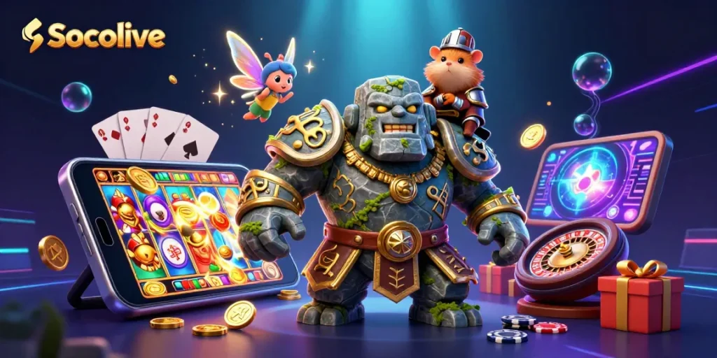 Socolive brings excitement to gambling with vibrant, animated fantasy scene showcasing slot games and dynamic characters.