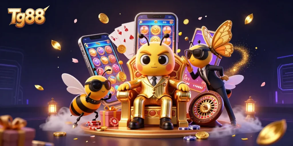 Tg88 brings excitement with cartoon mob boss and butterflies in a dynamic casino scene.