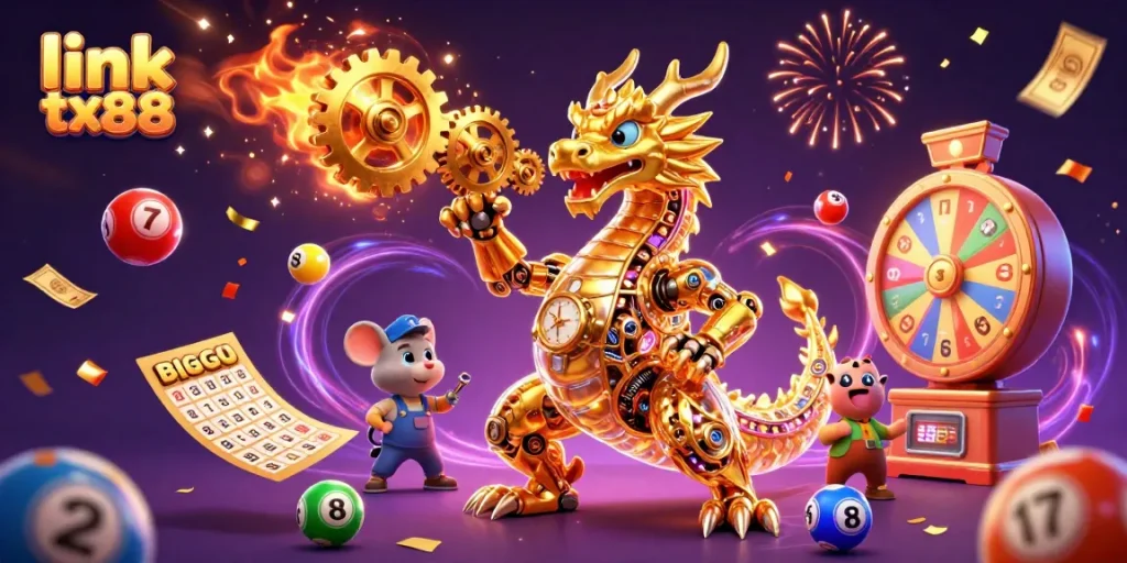 Experience thrilling moments with link tx88 as golden gears and colorful lottery elements create an exciting backdrop.
