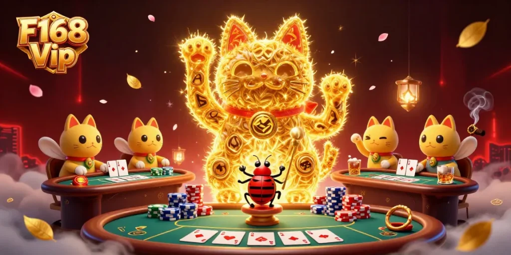 Experience the vibrant world of F168 Vip with a dynamic illustration of lucky symbols and gaming excitement.