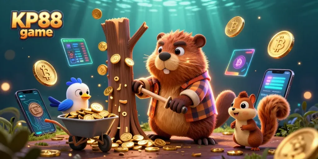 Experience the excitement of KP88 game with vibrant characters enjoying a treasure of gold coins.