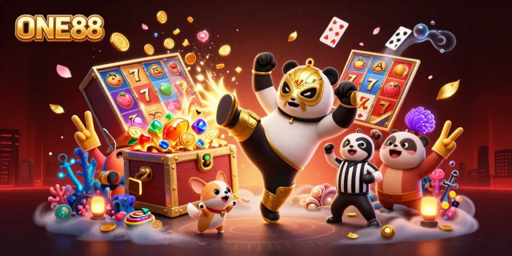 Engage with the excitement of ONE88 in this animated casino scene capturing thrilling slot machine action.