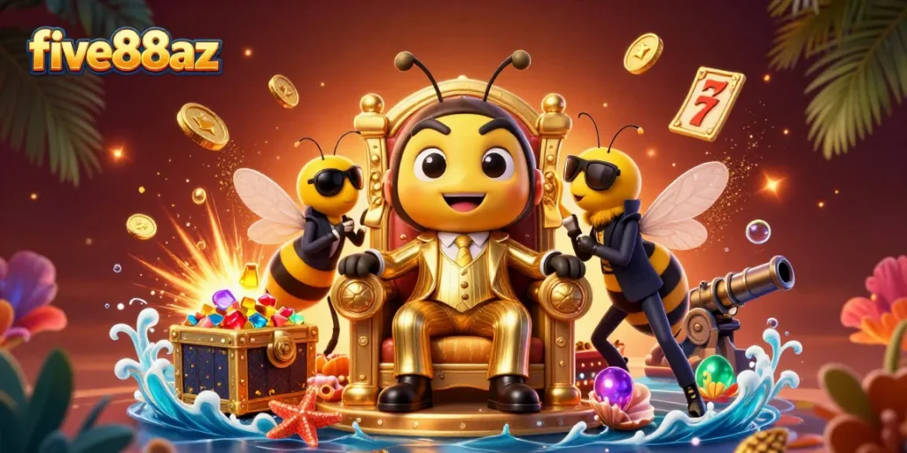 Experience thrilling gameplay at five88az with a cartoon bee mob boss in an extravagant casino scene.