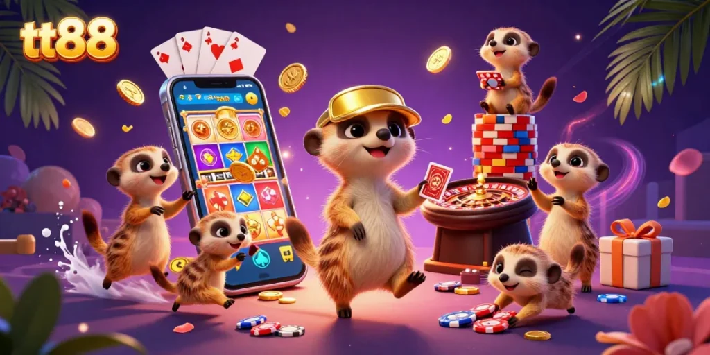 Engage in the thrilling gaming experience at tt88 with meerkats managing a vibrant casino scene.