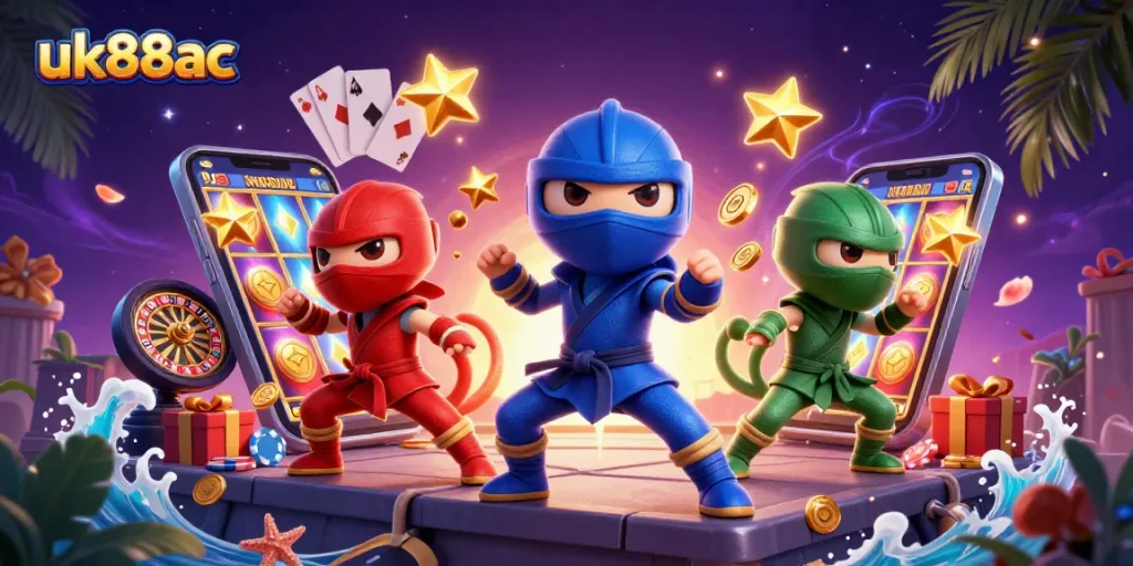 Engage in fun slots with uk88ac while cartoon chameleons showcase their skills in a vibrant casino scene.