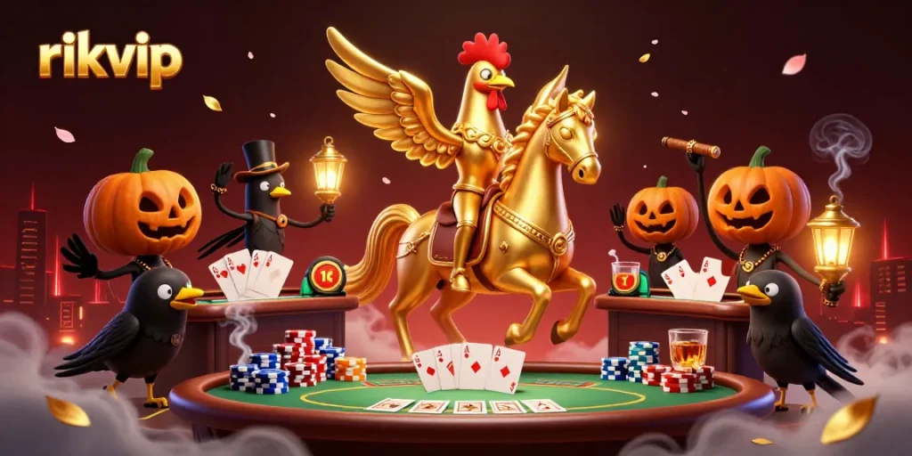 Experience thrilling gameplay at rikvip featuring a golden rooster in a lively casino scene.