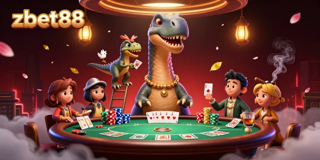 Experience thrilling gaming at zbet88 with an imaginative brontosaurus and raptor in a vibrant casino setting.
