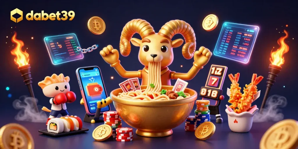 dabet39 showcases a vibrant casino scene with a giant ramen bowl dealer, crypto coins, and slot elements.