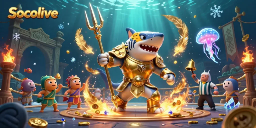 Socolive engages players in a thrilling underwater casino scene featuring a tiger shark and vibrant fish.