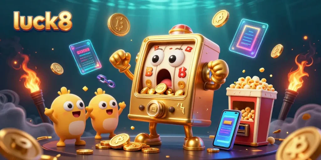luck8 slot machine hitting jackpot with coins pouring out, surrounded by crypto elements