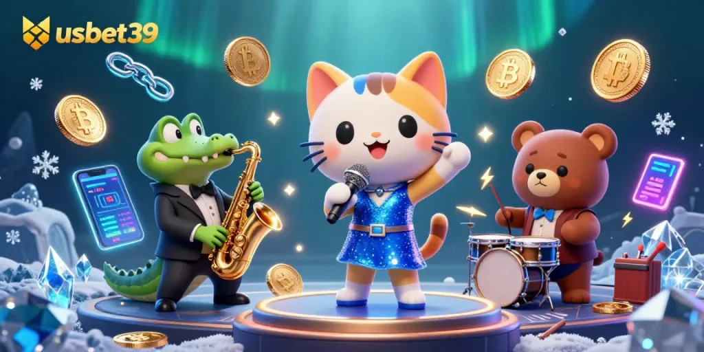 Experience high-energy gaming scenes with usbet39 showcasing a 3D jazz-singer cat and more.