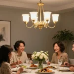 Candelabru living elegant în dining room cu familie la masă