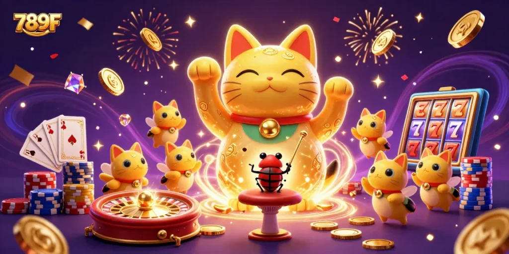 Engage with 789F's lively casino world featuring a lucky cat and vibrant gaming elements.