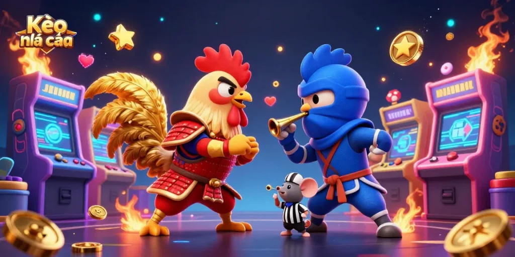 Kèo nhà cái presents twin fighting roosters in an epic battle, showcasing spectacular casino-themed elements.
