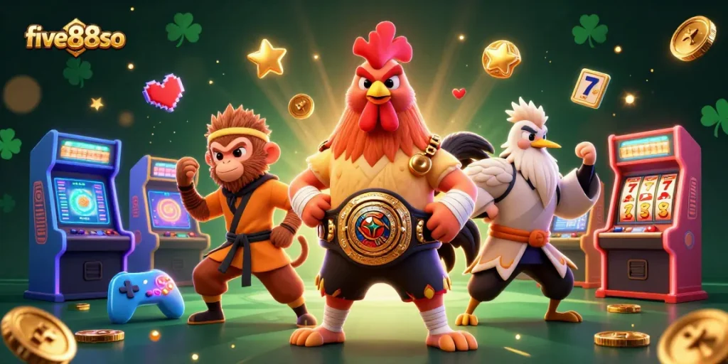 Experience thrilling action at five88so with vibrant characters and arcade gaming elements in a dynamic casino scene.