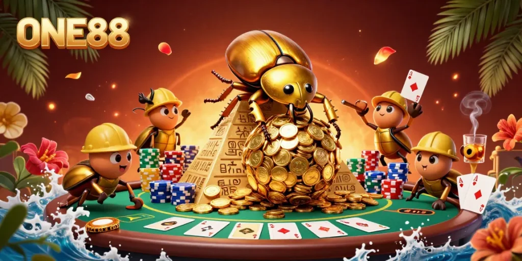 Experience the excitement of ONE88 with cartoon beetles and vibrant casino elements in a dynamic 3D scene.