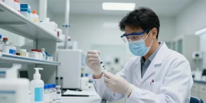 Syringe 3ml preparation in a healthcare lab with medical supplies.