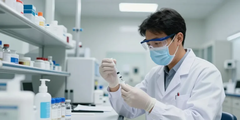 Syringe 3ml preparation in a healthcare lab with medical supplies.