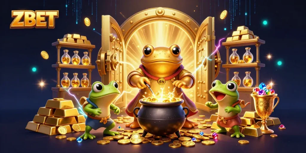 ZBET offers thrilling gameplay as a golden salamander creates coins in an enchanting casino scene.