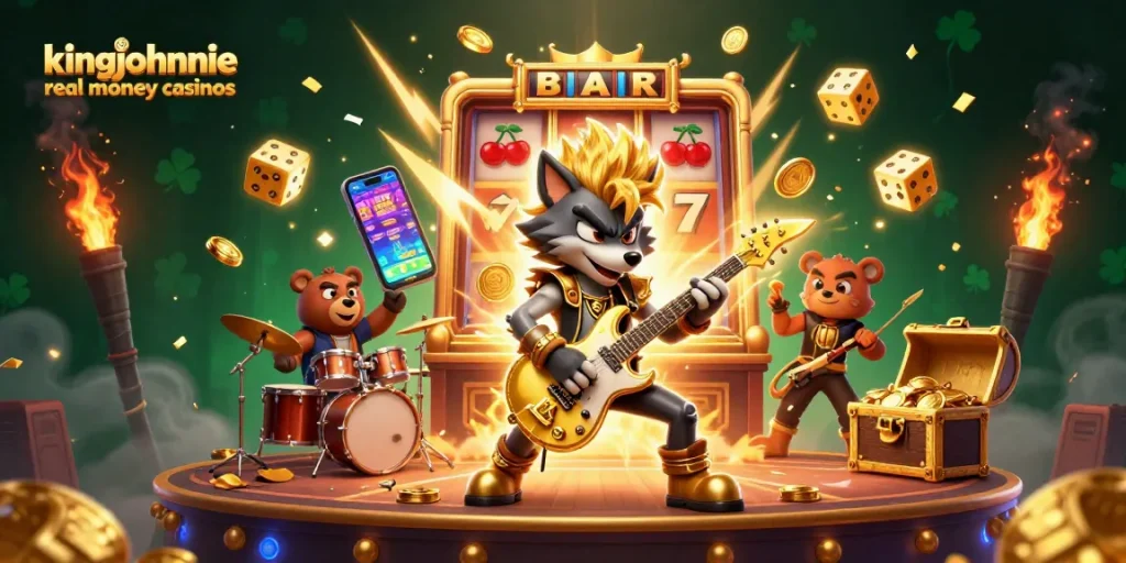 Experience the thrill of kingjohnnie real money casinos through this vibrant casino illustration.
