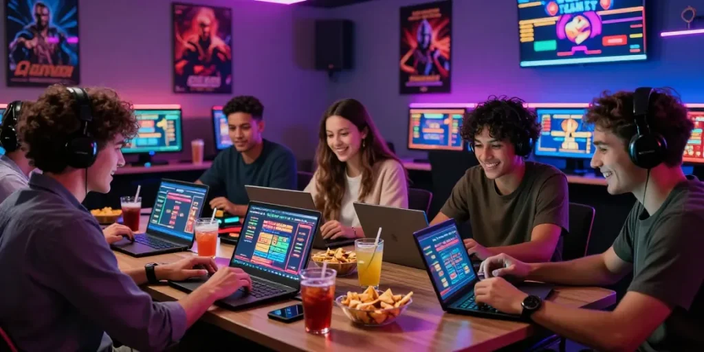 Group of friends enjoying online casinos not on Gamstop with vibrant lights and gaming screens.