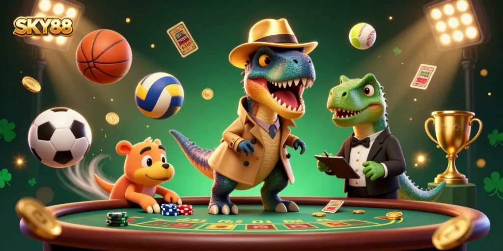 Experience thrilling gambling action at SKY88 with a vibrant, engaging 3D casino scene.
