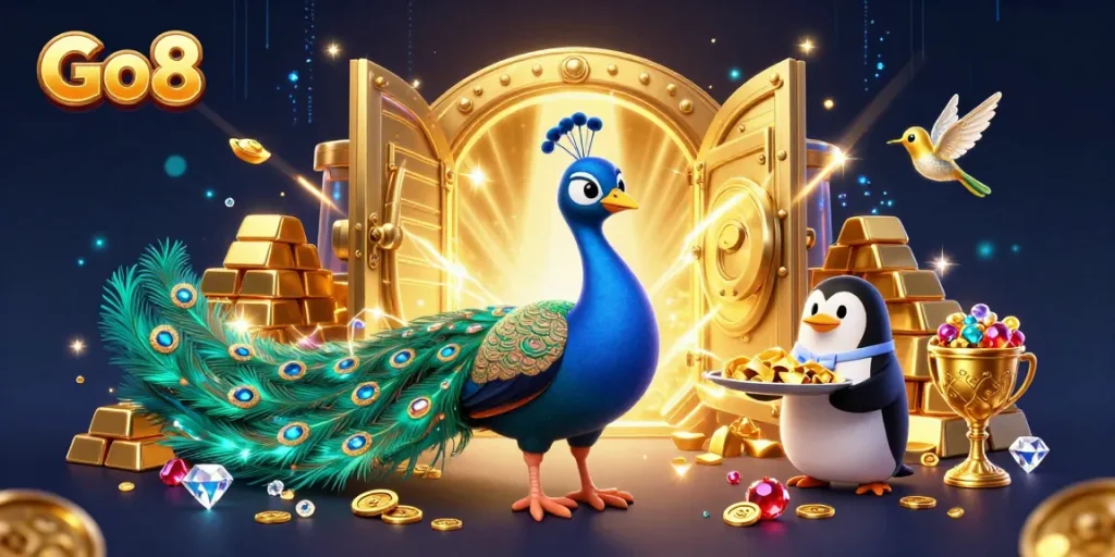Go8 shines in a vibrant 3D casino scene filled with golden treasures and excitement.