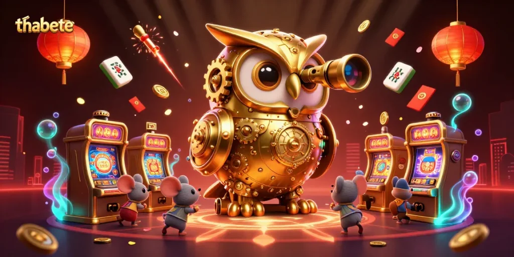 Engage with thabete's vibrant casino scene featuring a massive golden owl and thrilling game elements.