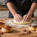 Cinnamon buns Calgary being freshly baked in a cozy kitchen, showcasing a variety of flavors and warm afternoon light.