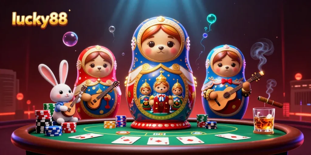 Experience lucky88's vibrant casino scene with dealer bears and a serenading rabbit.