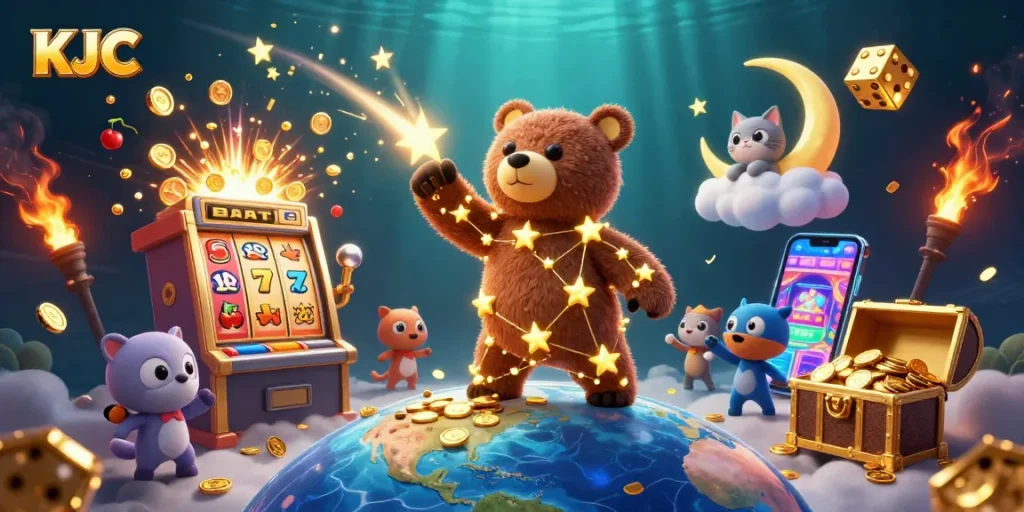 KJC launches into the jackpot realm, scooping coins amidst dynamic casino excitement in a vibrant illustration