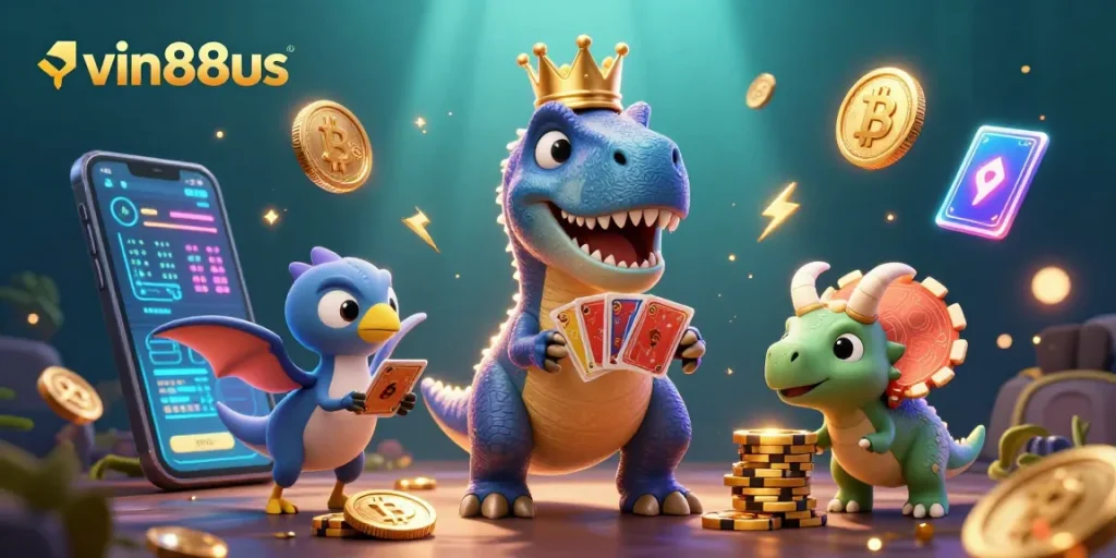 Explore the vibrant casino scene featuring vin88us with dinosaurs shuffling cards and stacking chips.