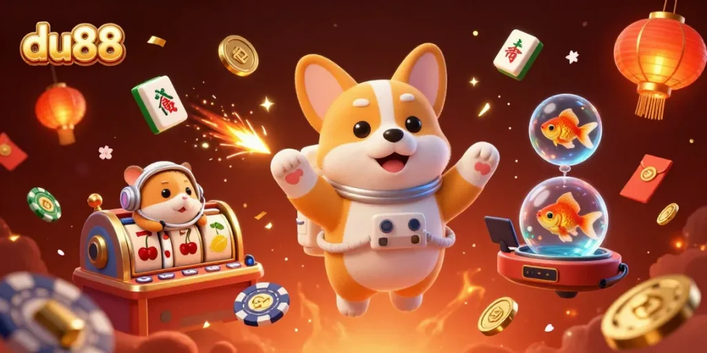 Experience thrilling gameplay at du88 with astronauts and slots in a colorful casino scene.